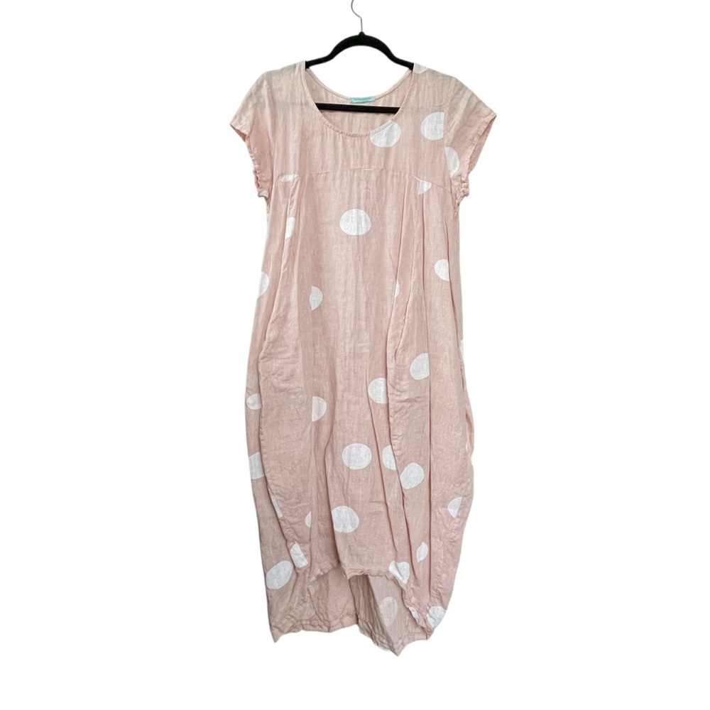 TALIA BENSON Linen Polka Dot Midi Dress Pink White Medium